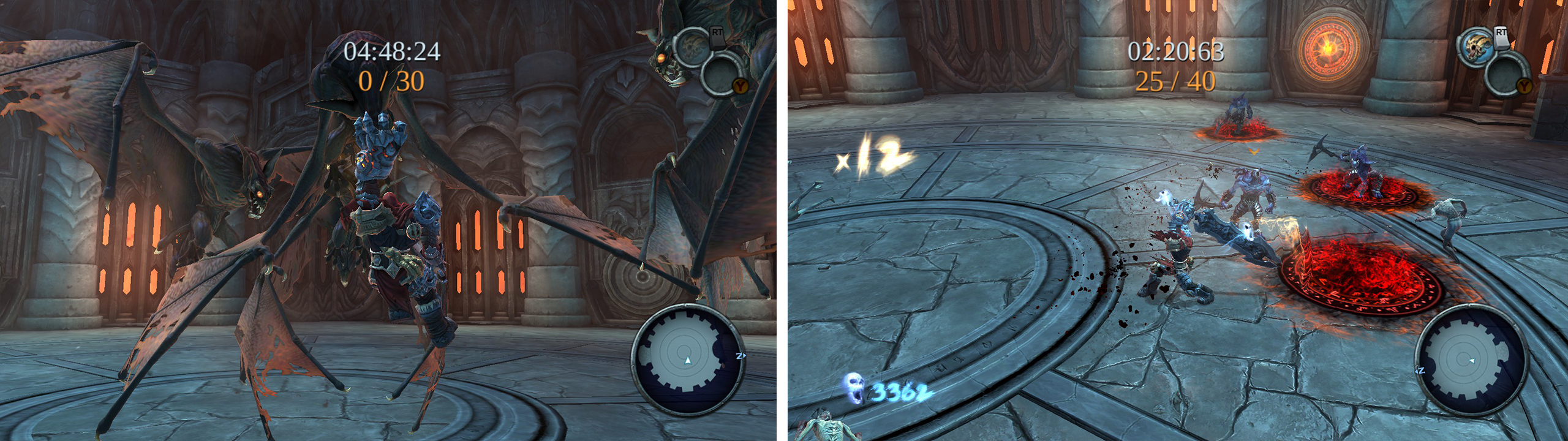 If you can chain together 5 duskwing finisher kills in Challenge 3 youll earn an achievement/trophy (left). Youll face an array of enemies during Challenge 4 (right).