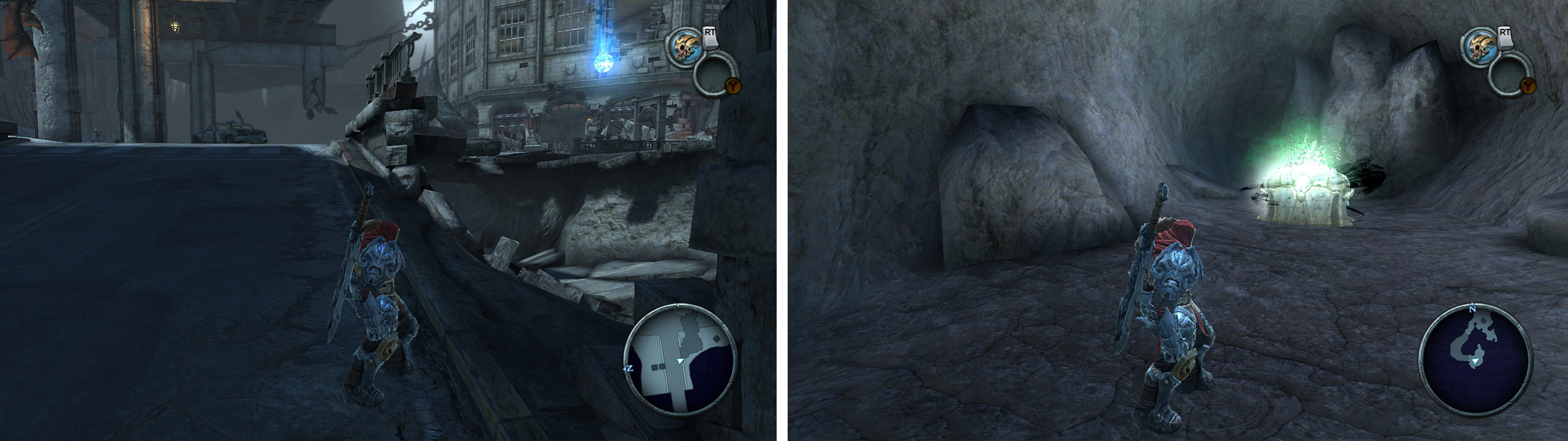 Upon entering the Broken Stair go through the destroyed wall (left) to find an Artefact. The water in Vulgrims location has a tunnel leading to a Life Stone Shard (right).