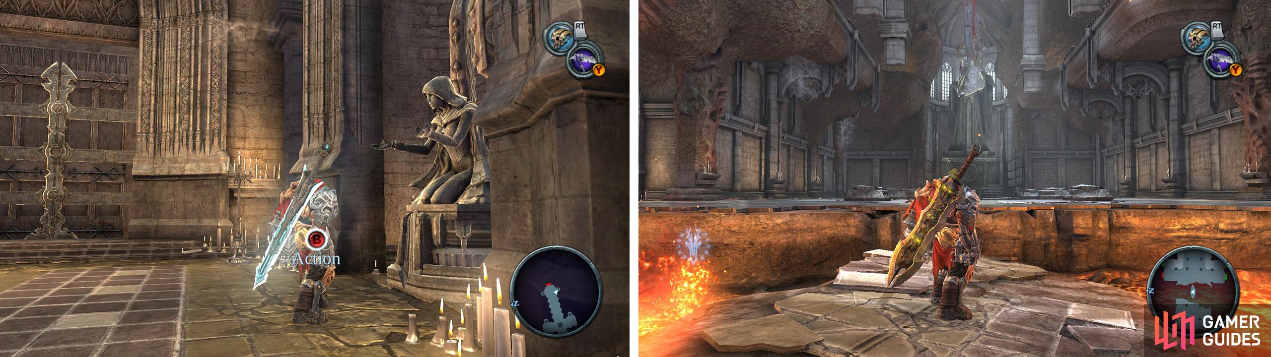 Place the sword into the statue to the right of the door to unlock it (left). Continue across the lava pit (right) and exit through the right hand door.