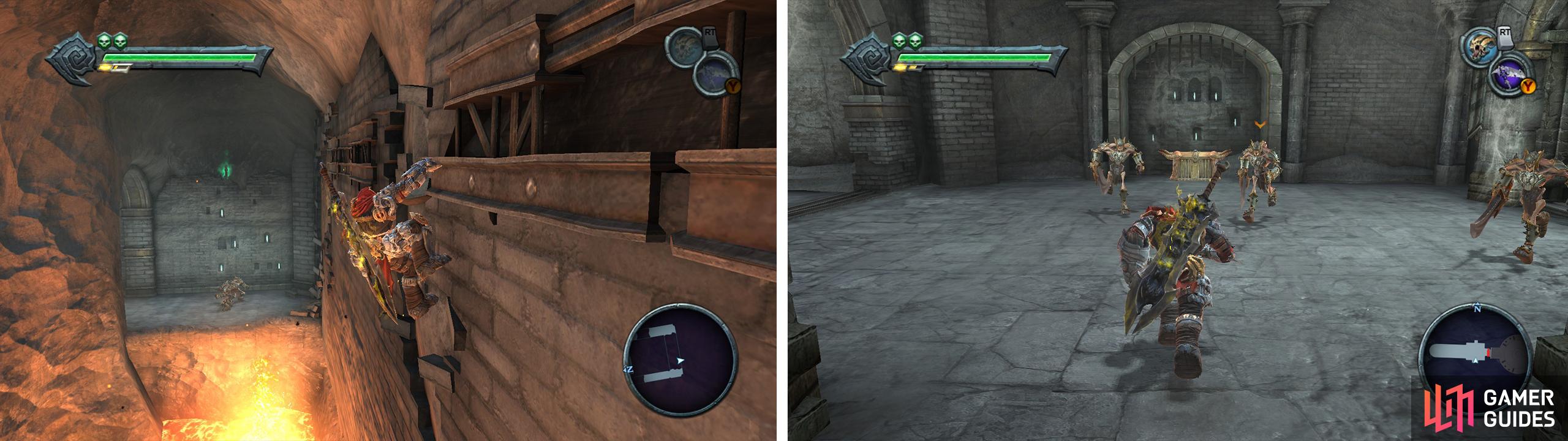 After crossing the gap back jump from the wall to grab the Artefact (left). Clear the room at the end of the hall for the Beholders Key (right).
