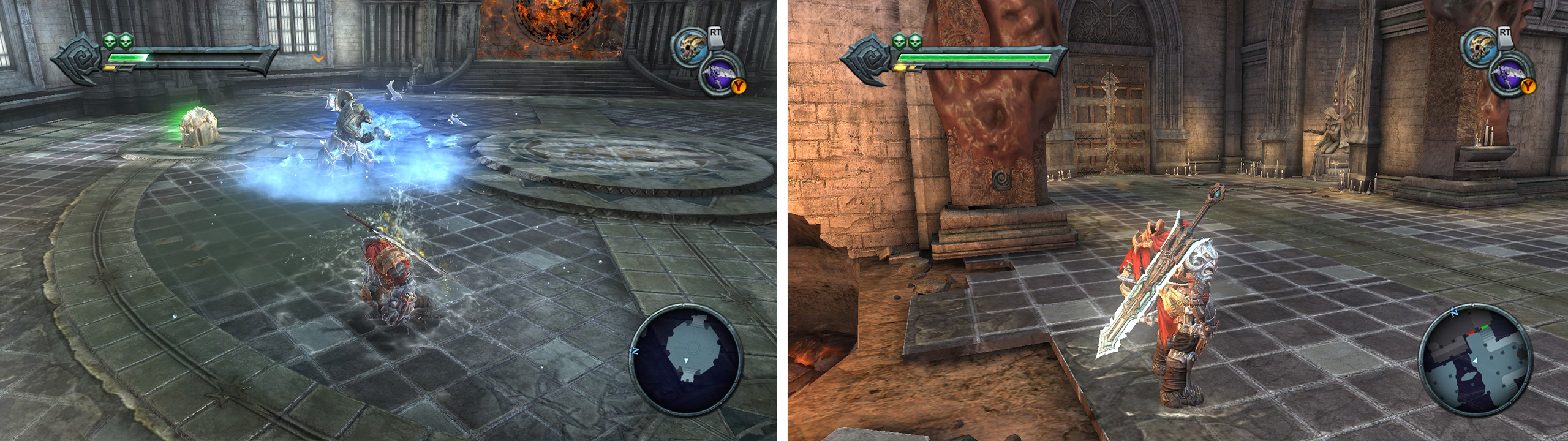 Kill the Iron Giant (left) before grabbing the Crystal Sword. Return to the main building and use the sword on the statue next to the far door (right).