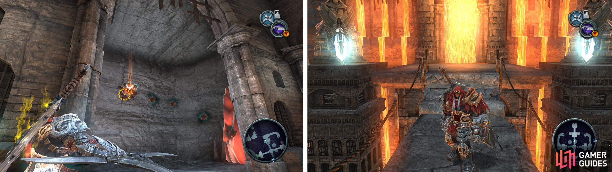 Create a chain of bombs to detonate the red crystal (left). Hit both switches at once at the end of the room (right) to reveal a Crystal Sword.