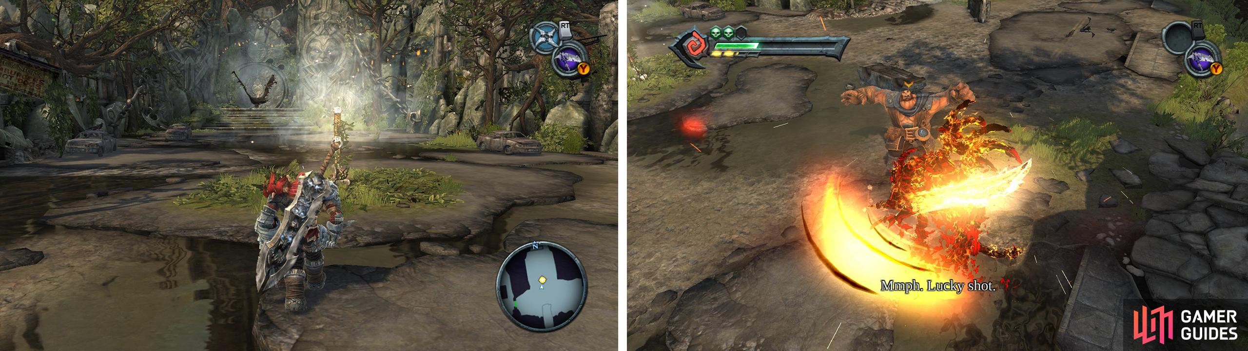 Approach the hammer to trigger a boss fight (left). Enter Chaos Form and attack until the fight ends (right).