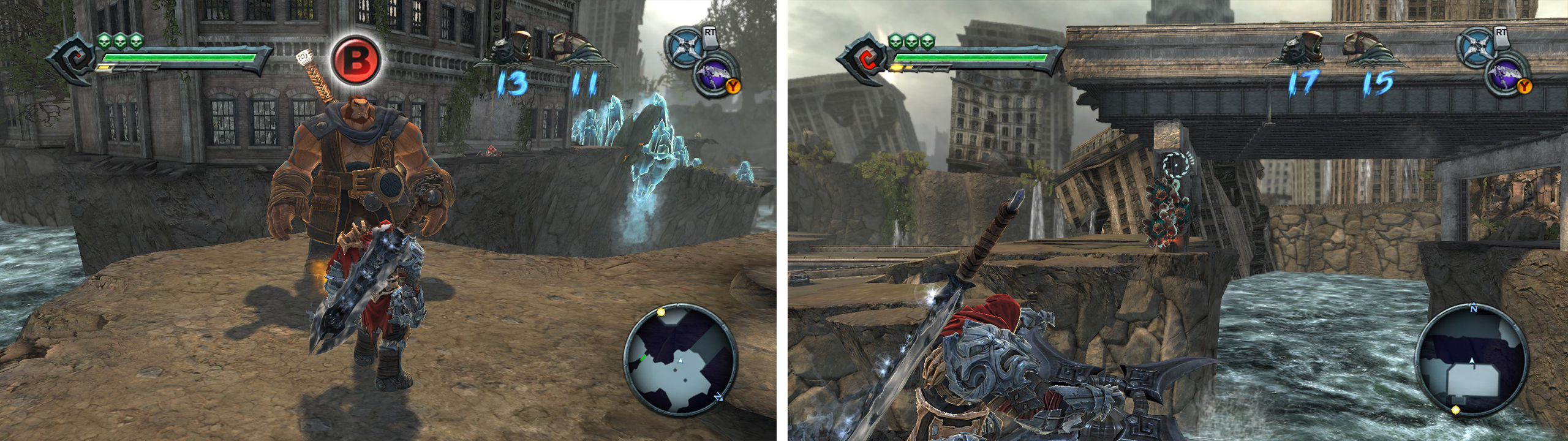 Let Ulthane toss you across the gap (left). Hit the bombs on the bridge to allow Ulthane to proceed (right).