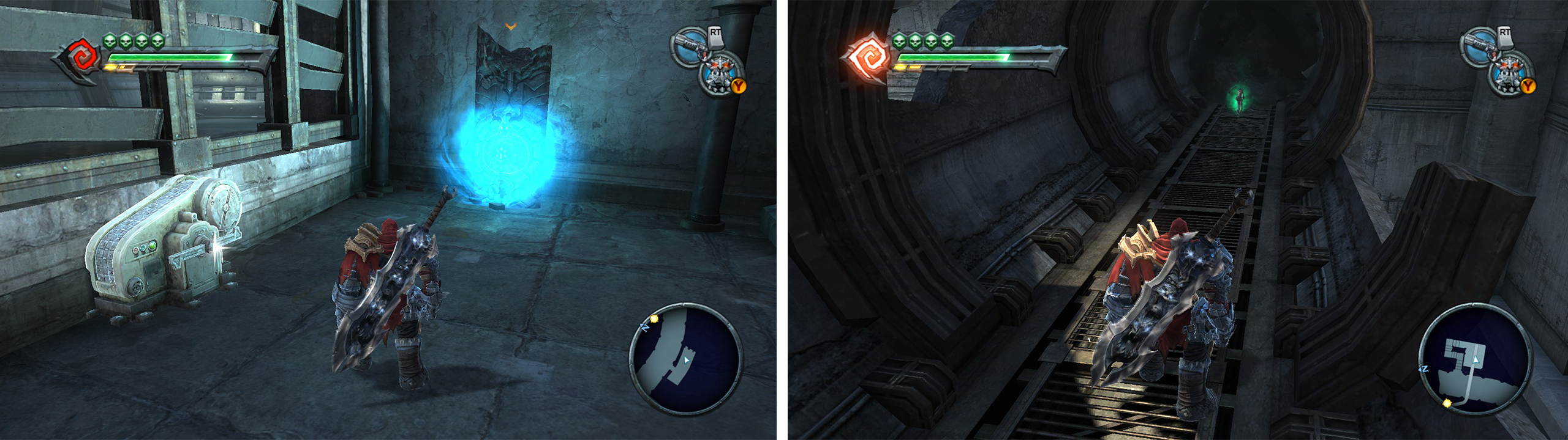 Use the Chronosphere (left) to get through the gate in the tunnel. When you reach the pipe area, look in the dead end for an Artefact (right)