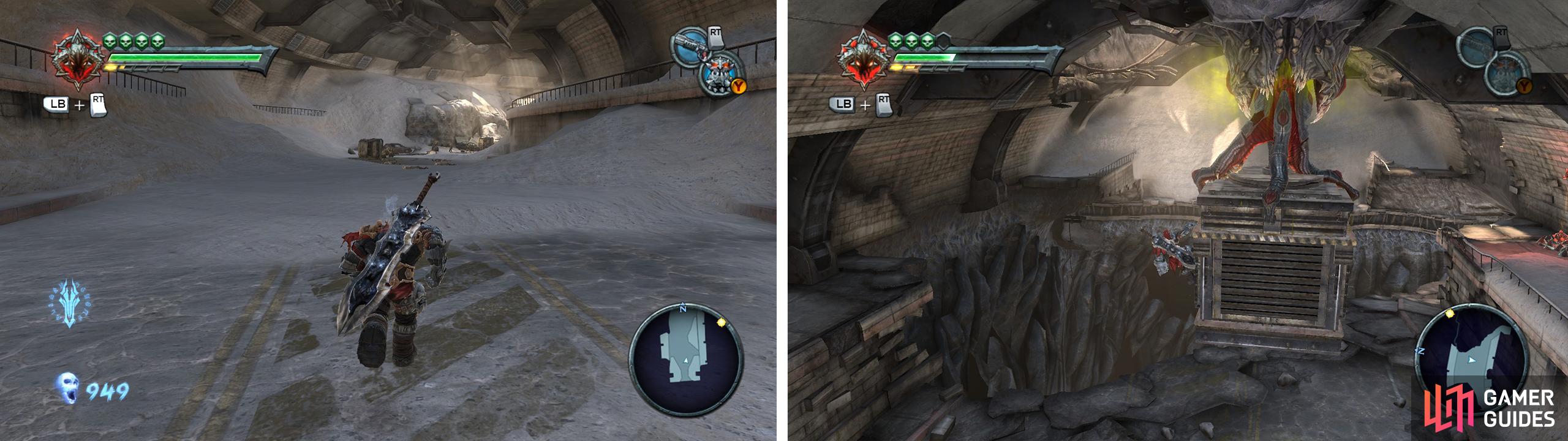 Enter the tunnel (left) and use the Demonic Plant and crate (right) to access the left hand balcony for an Enhancement.