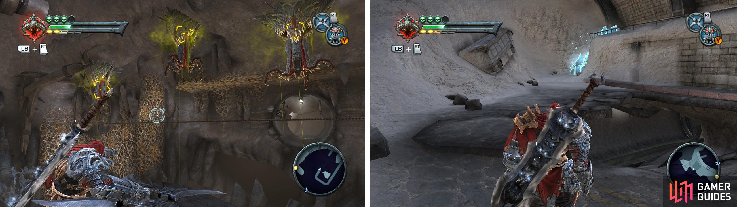 Use the cross-blade to hit all three Demon Plants at once (left) to get across the rope. Upon exiting the next tunnel, look behind you to find some blue crystals (right). Behind these is a Life Stone Shard.