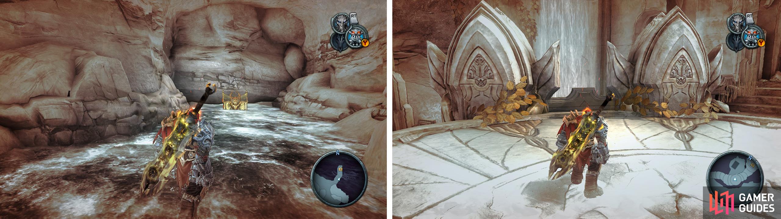 Look behind the waterfall for a piece of Abyssal Armour (left). Climb the stairs and hop the wall here (right) to find a Wrath Shard.