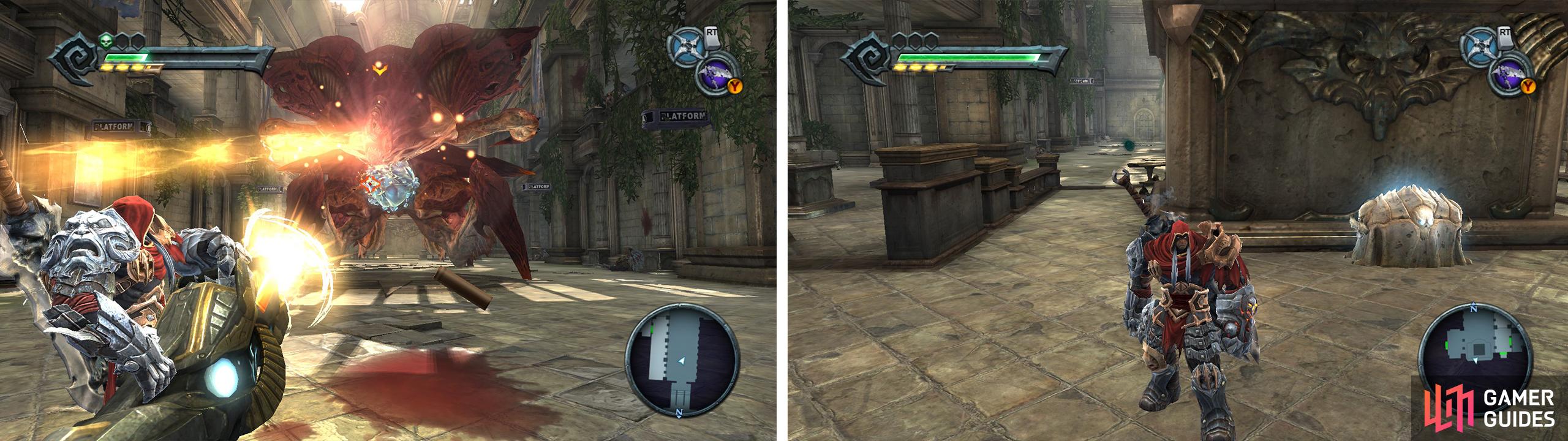 Shoot the boss in the chest until it flees (left). Look behind the clock to find a Blue Soul Chest (right).