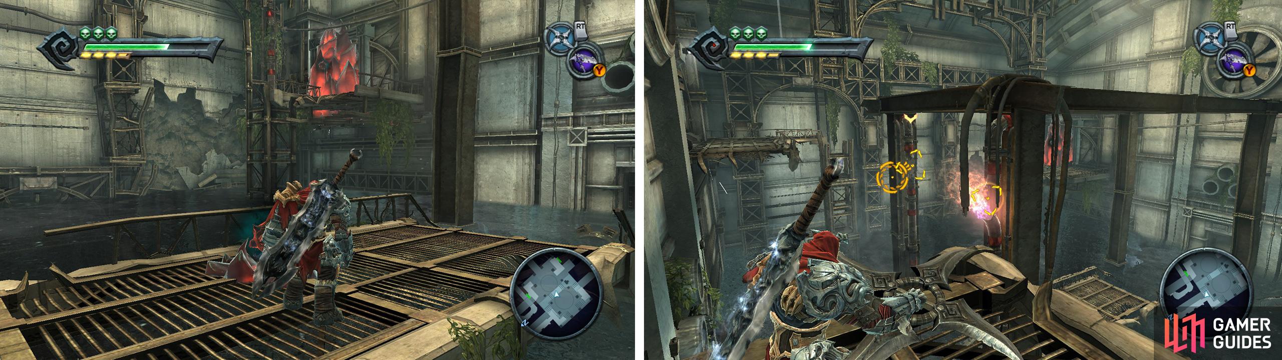 Place a bomb on the red crystals (left). Climb up and light all of the gas pipes (right) so that you can detonate the bomb.
