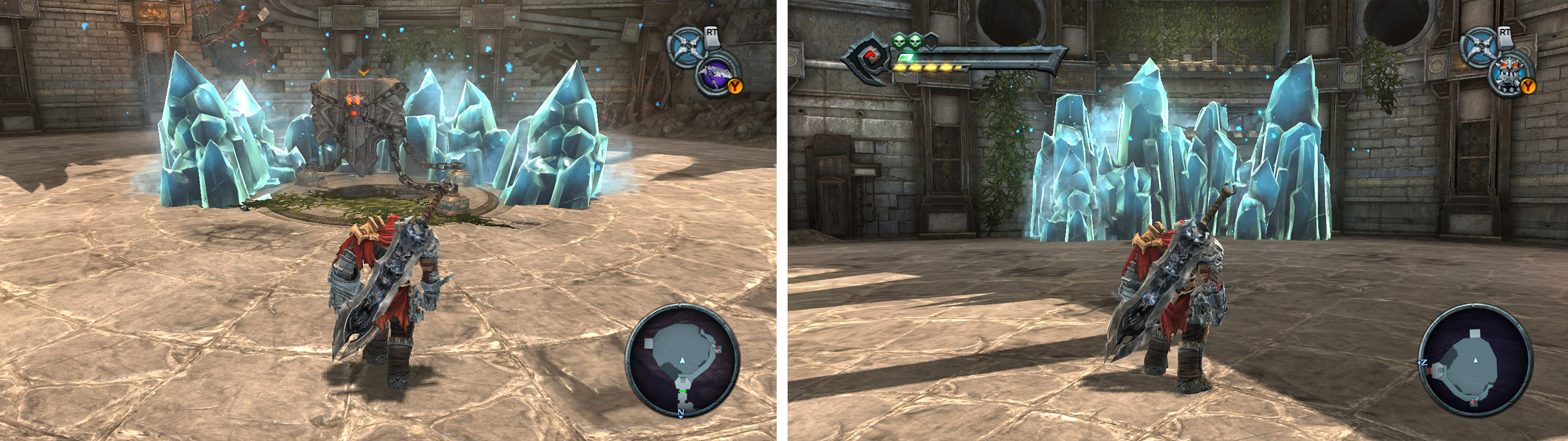 Grab the Tremor Gauntlet from the chest (left). Once you have killed all the bad guys, destroy the blue crystals (right) and climb up for a Beholders Key.