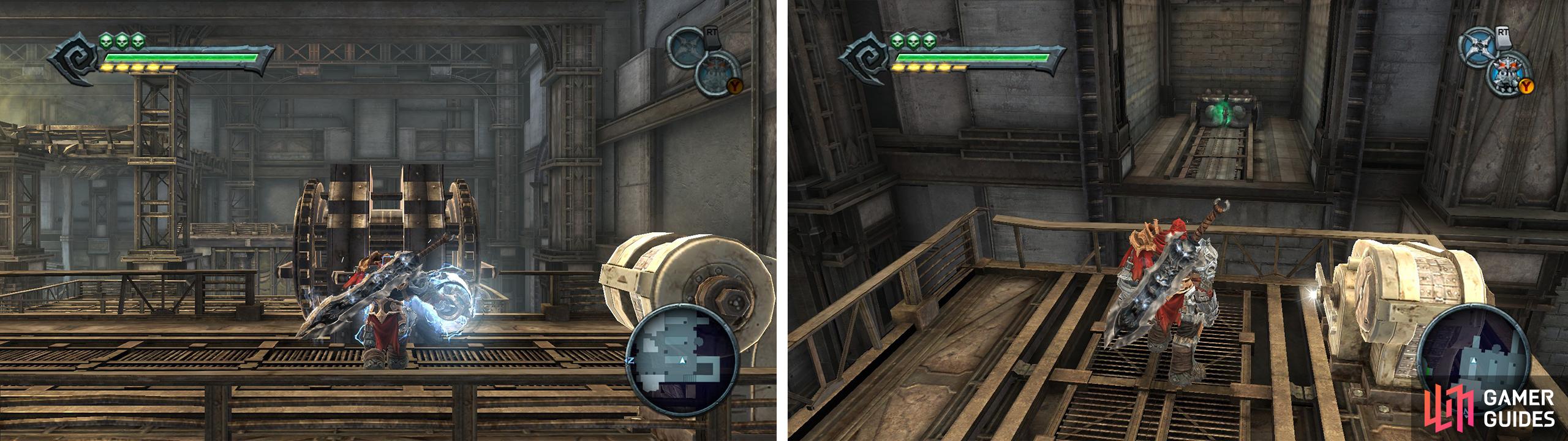 Punch the machinery between the raised platforms (left) until you reach the highest one. Here you can jump across to an Artefact (right).