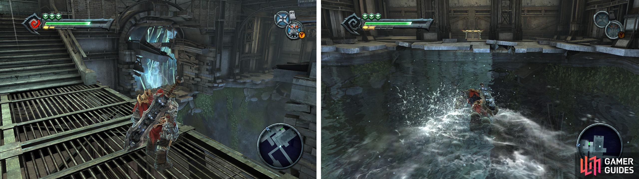 Destroy the blue crystals overlooking the pit (left). Swim across to the chest with the Dungeon Map (right)