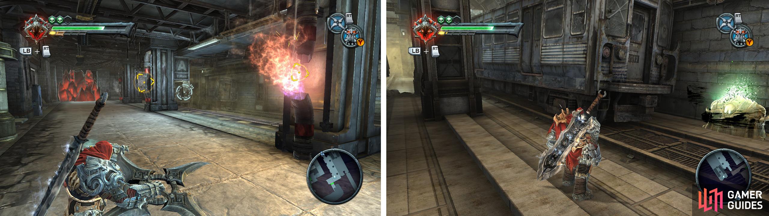Use the cross-blade to light up the gas pipes (left) and look behind the traincars nearby for a Life Stone Shard (right).