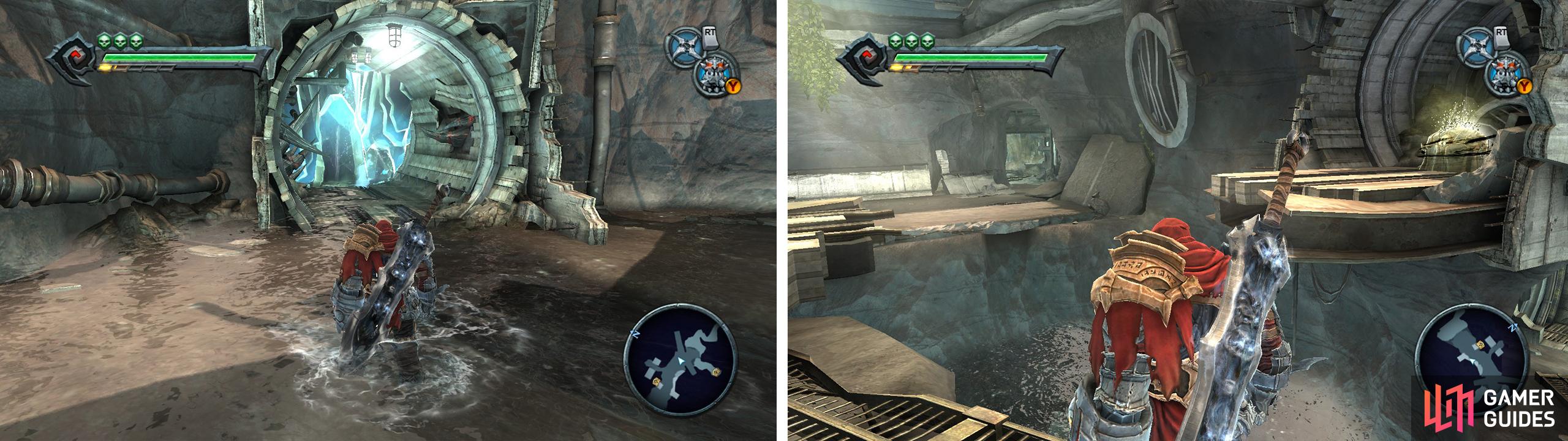 Destroy the blue crystal in the far tunnel (left) to release water. Before destroying the second blue crystal, jump across the gap for a Wrath Shard (right).