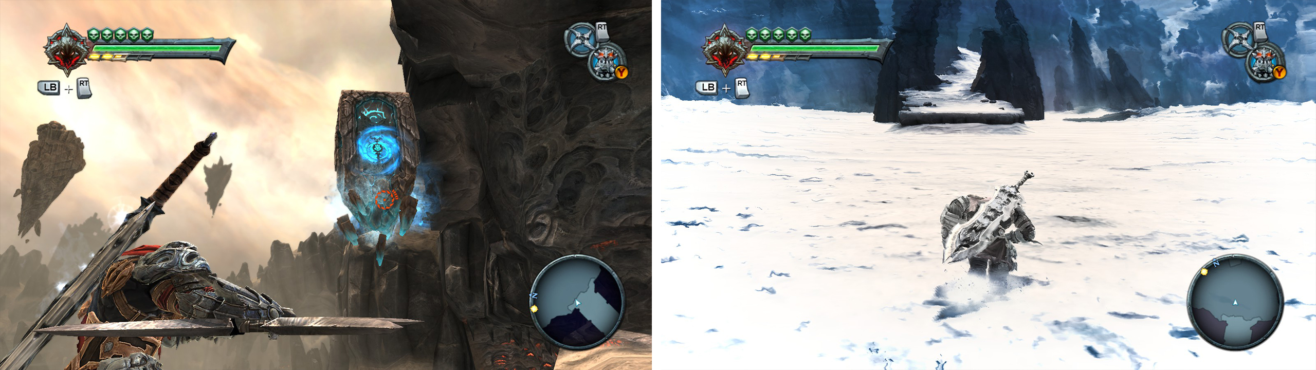 Hit the chronosphere (left) and make your way to the safe spot (right) across the sand.