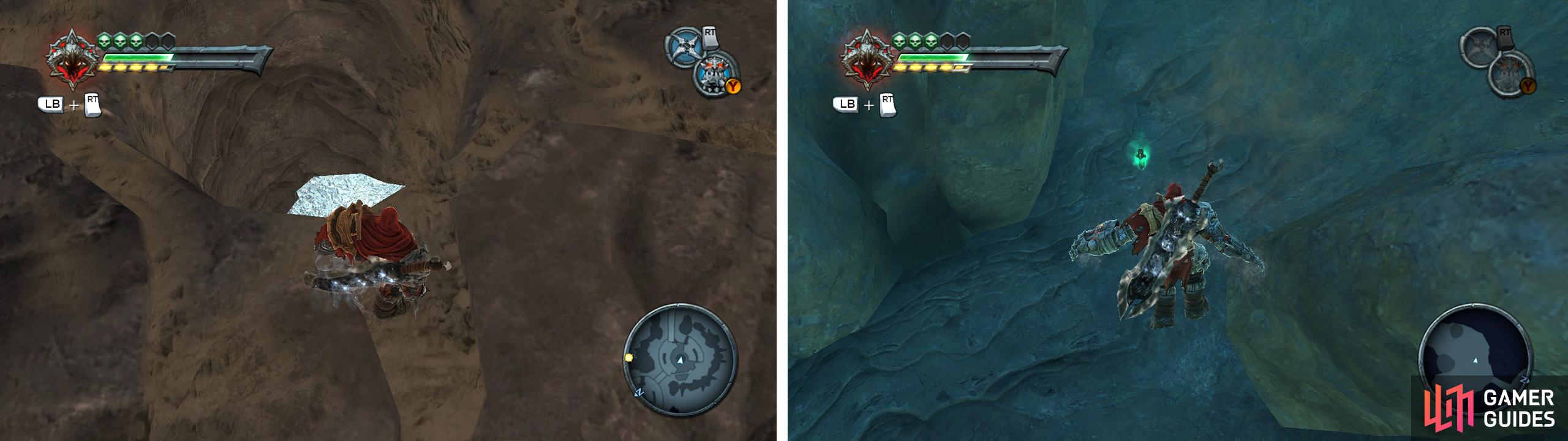 Drop down the hole (left) and swim to the bottom of the pool to find an Artefact (right)