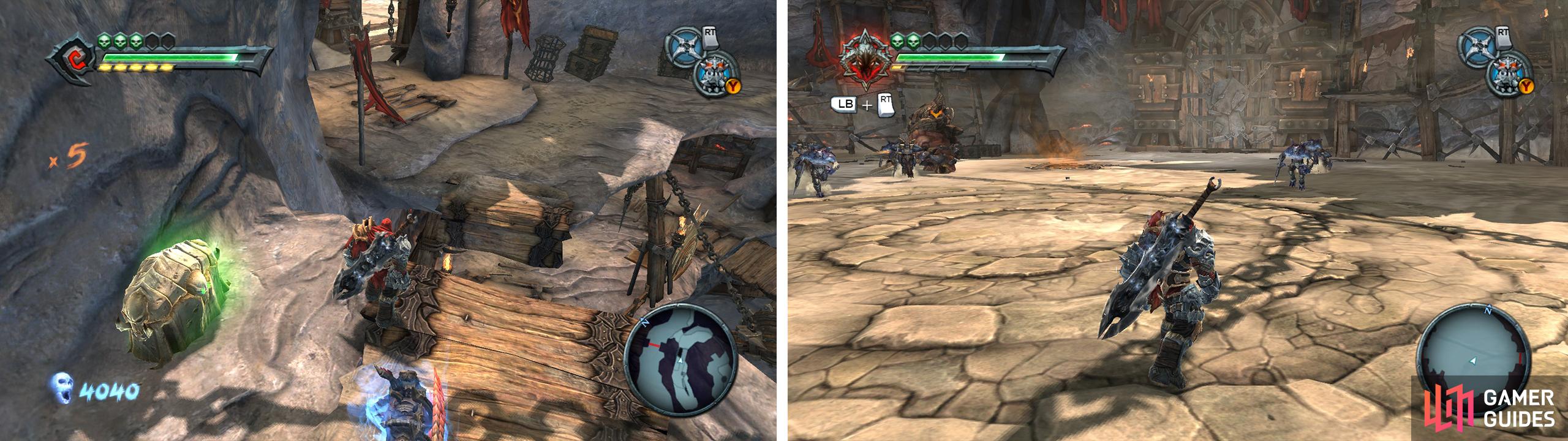 Hop across the gap (left) to enter an Arena area where youll need to fight enemies (right).