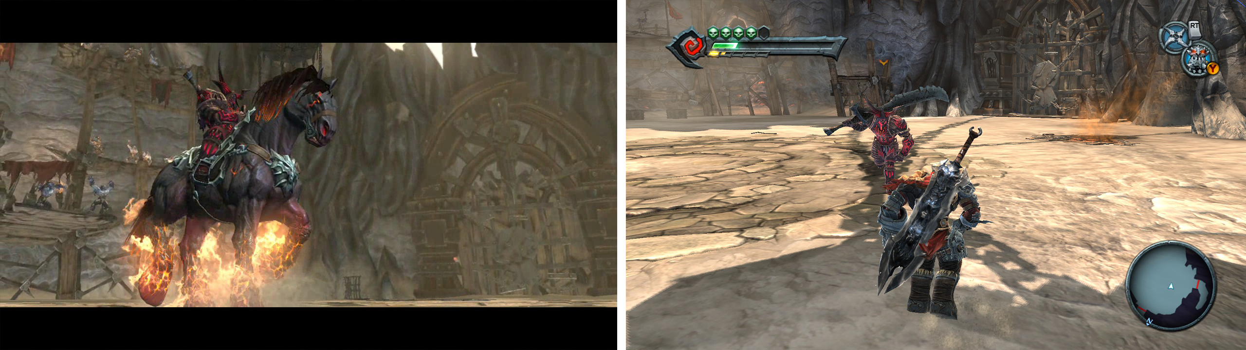 During the first phase, the Arena master will attack from horseback (left). During the second phase, hell fight from the ground (right).