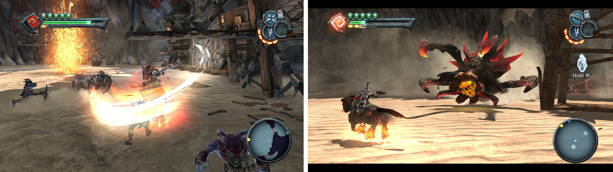 Kill the remaining enemies in the arena from horseback (left). Return to the room with the Ash Worm and take it down by shooting it in the mouth (right).