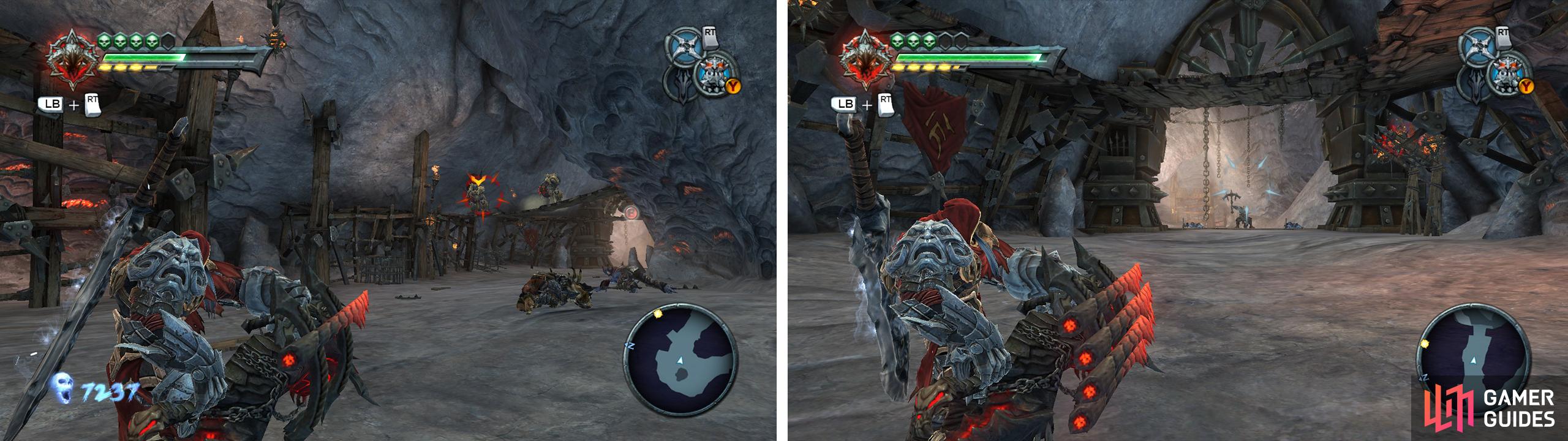 Use the Fractue Cannon to fight through the enemies (left) until you reach the exit (right).