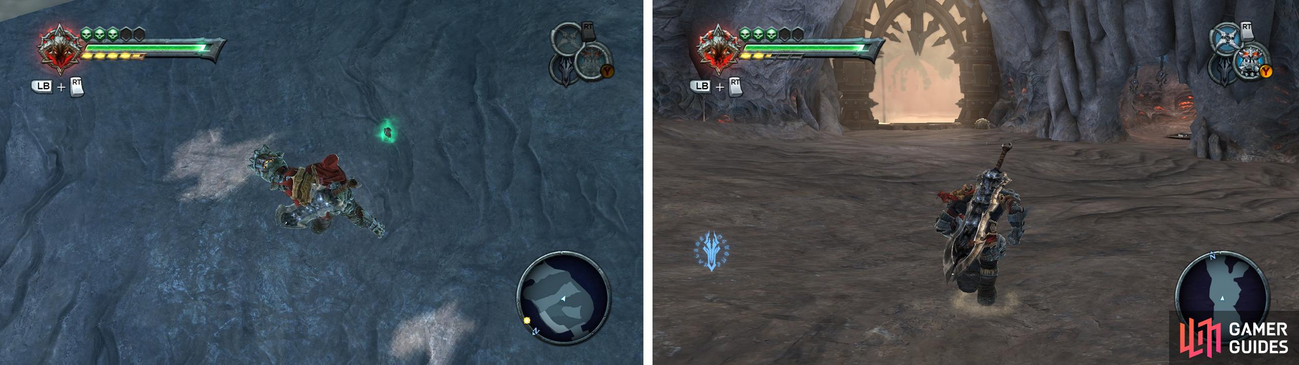 Whilst swimming through the underwater area, look out for an Artefact (left). Use the Vulgrim Location (right) before entering the boss area at th eend of the tunnel.