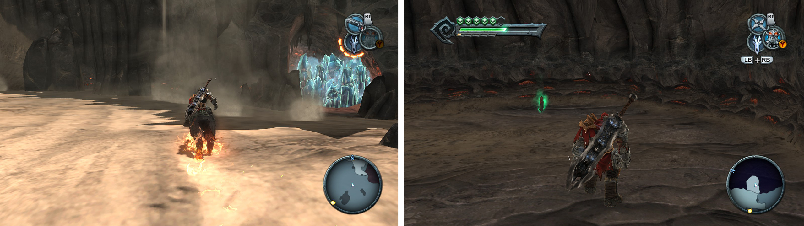 Explore the Ash Lands on horseback and destroy the blue crystals (left) for a Wrath Shard. Use the shadowflight geyser nearby to reach a platform with an Artefact (right).