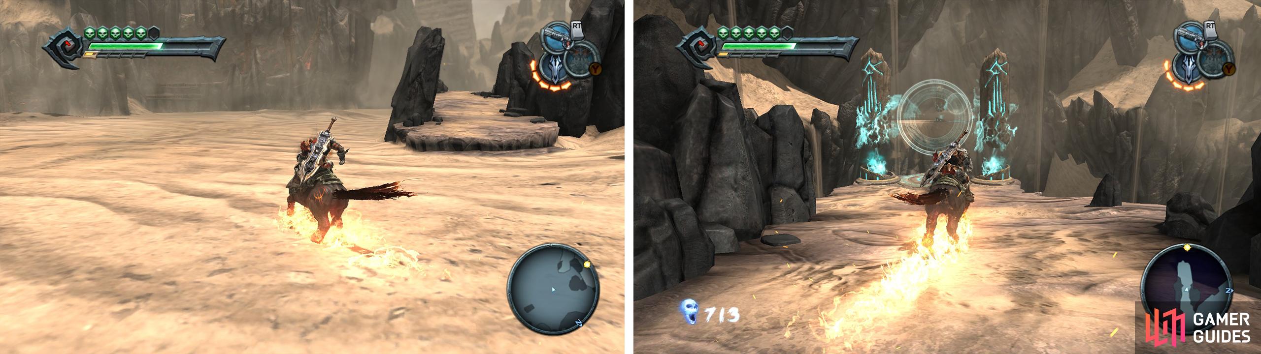 Follow this rocky platform (left) to the end and use the Soul Bridge (right).
