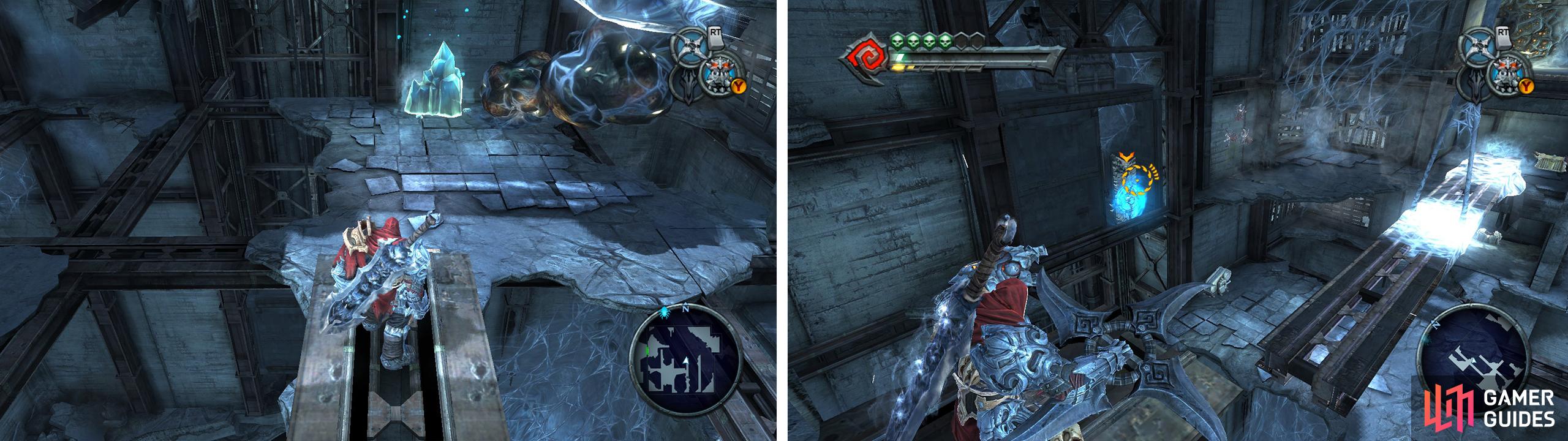 Destroy the blue crystal for a switch to activate a chronosphere (left). Manipulate the tilt on the hanging beams and the chronosphere (right) to access the chests on the far side of the room.
