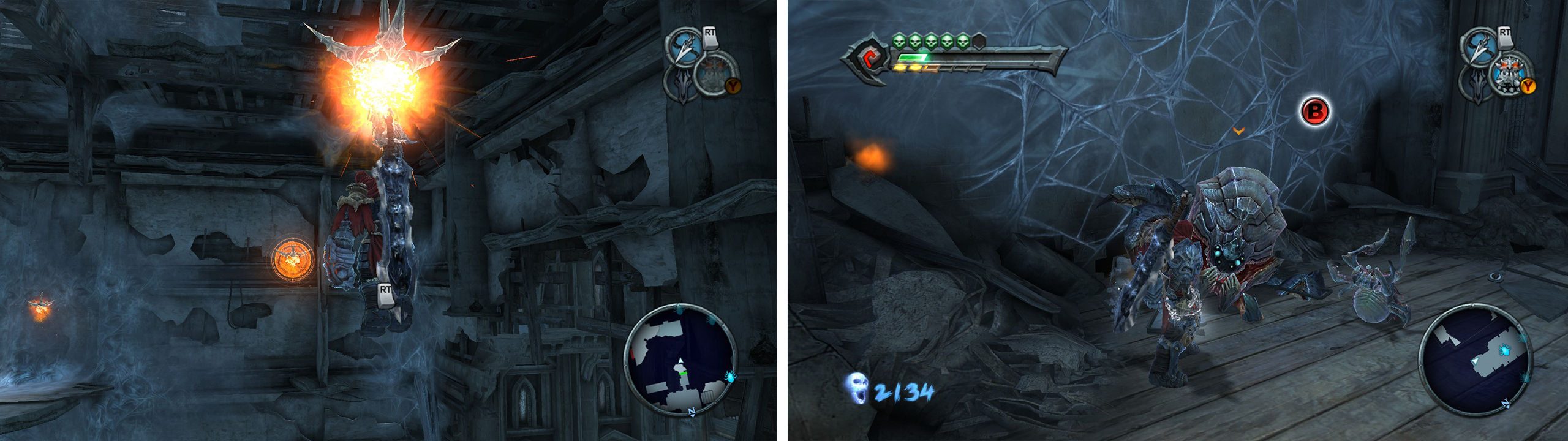 Grapple across the gap (left) and re-enter the previous area to fight another giant spider (right).