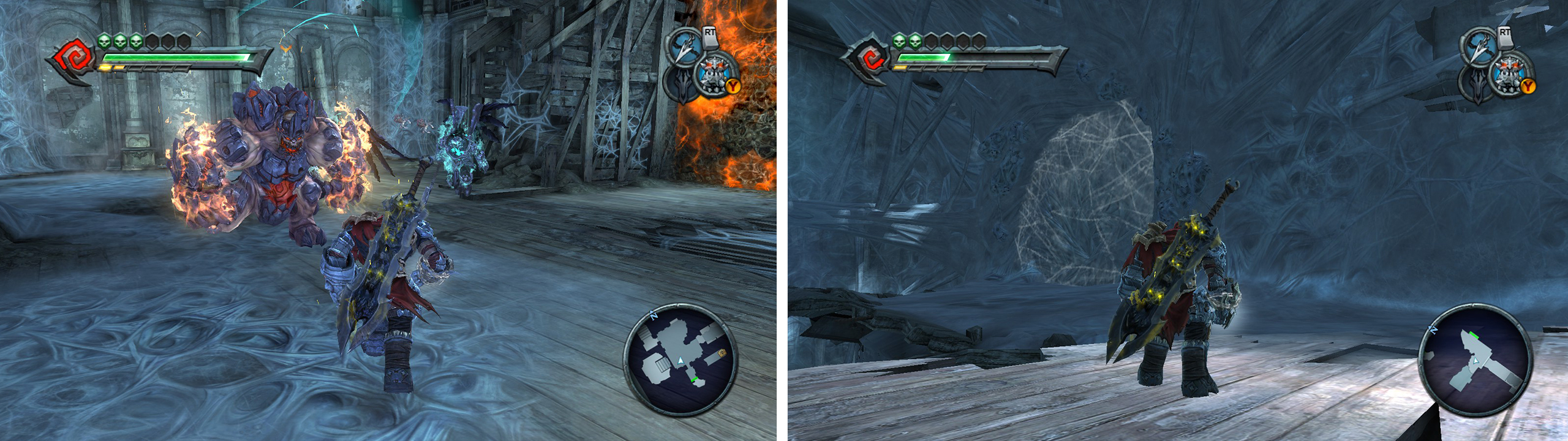 Fight your way back outside (left) and then enter the now unlocked boss door (right).