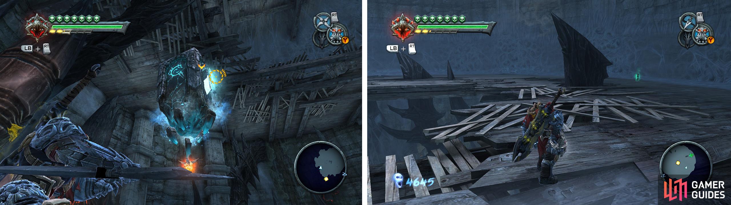 Use the lift (left) to return above the boss area. Look behind some rocks for an Artefact (right).