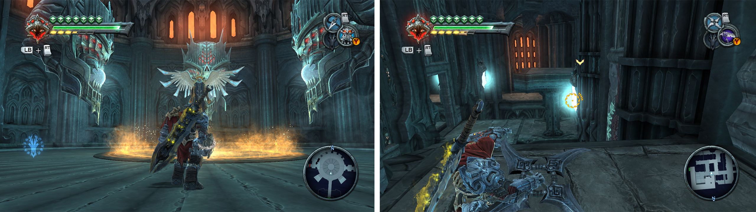Speak with Azrael (left). In the first room manipulate the crystals to work your way through the room (right).