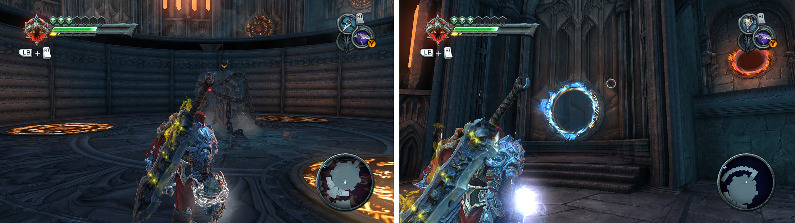Grab the Voidwalker from the chest (left) and then use it to create portals to reach a higher platform (right).