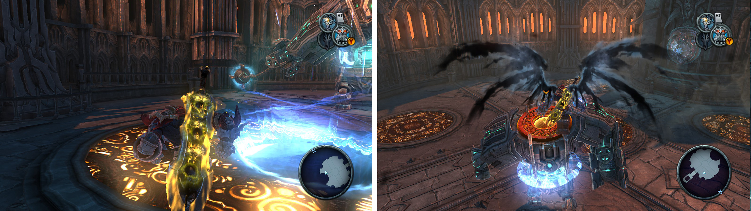 Use the portal pads on the floor (left) to launch yourself and land on the bosss head (right).
