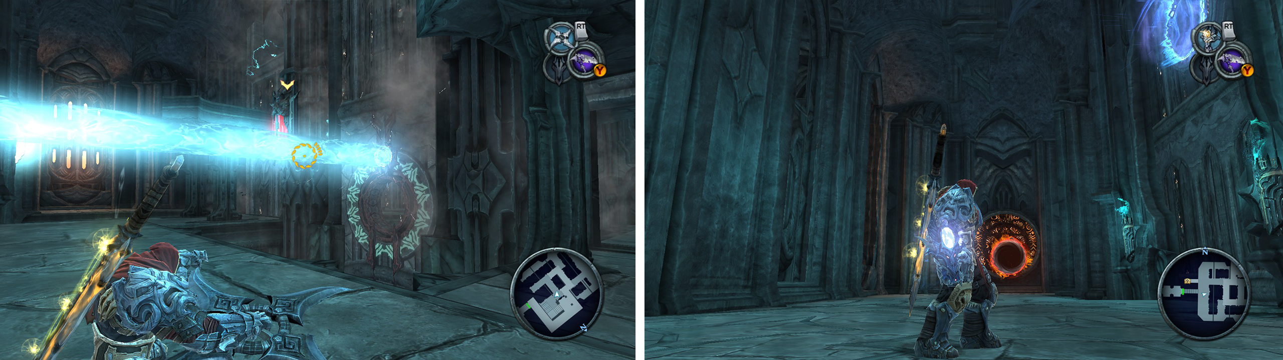 Use the portal pads to re-direct the beam (left). The spherical crystals (right) will store the beam when active.