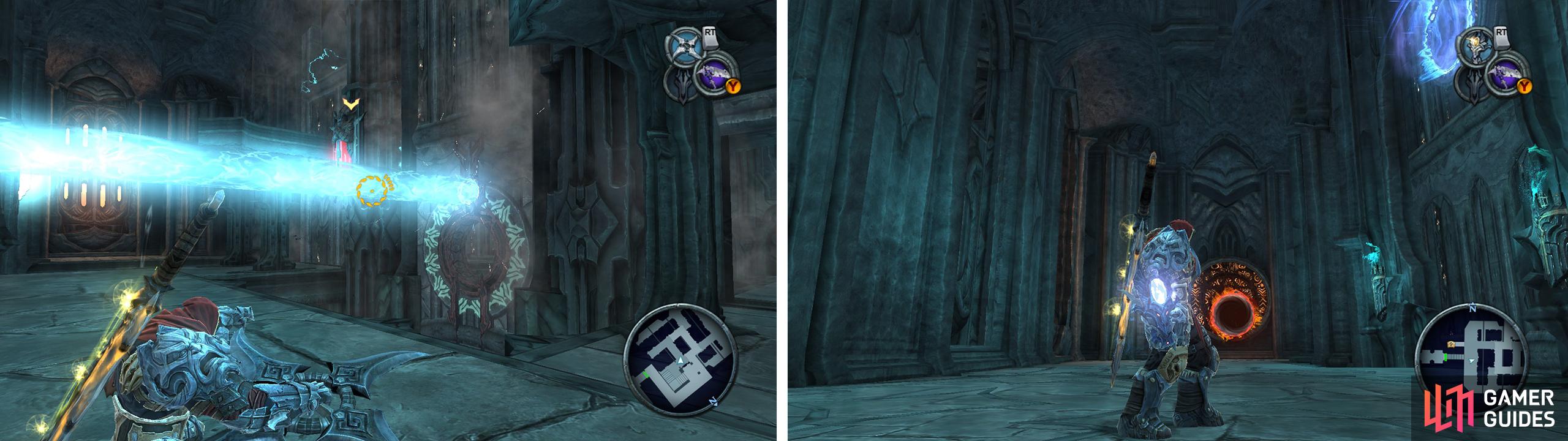 Move the sections of wall so that the laser can pass through the hole (left). Before exiting, arrange portals as such (right) to launch up to a platform with the Dungeon Map.
