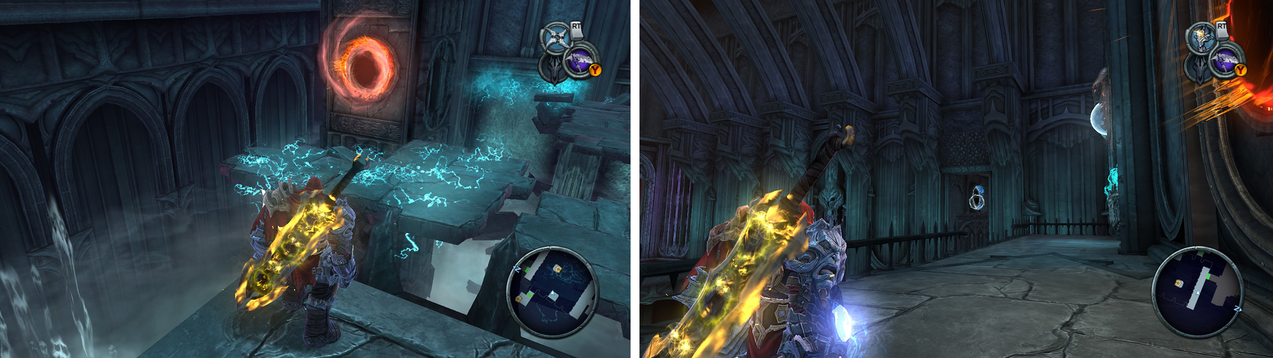 Hop through the portal on the central pillar (left) to reach the far side. From here, look for an alcove in the west wall for another portal pad (right) leading to a Wrath Shard.