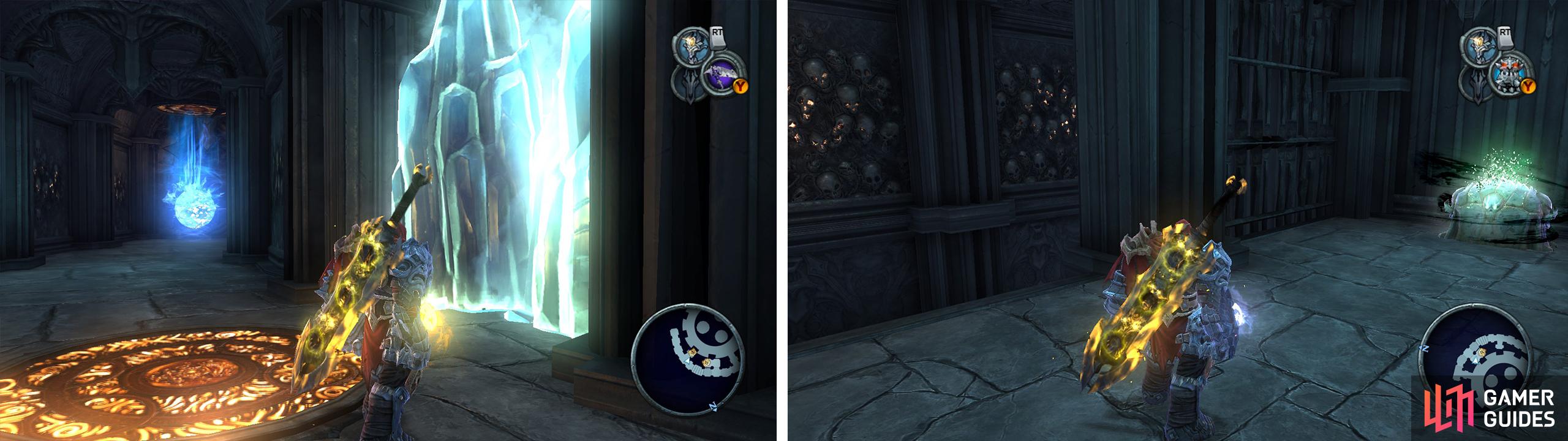 Destroy the blue crystals (left) and use the portal pad above the top of the stairs to reach a Life Stone Shard (right).