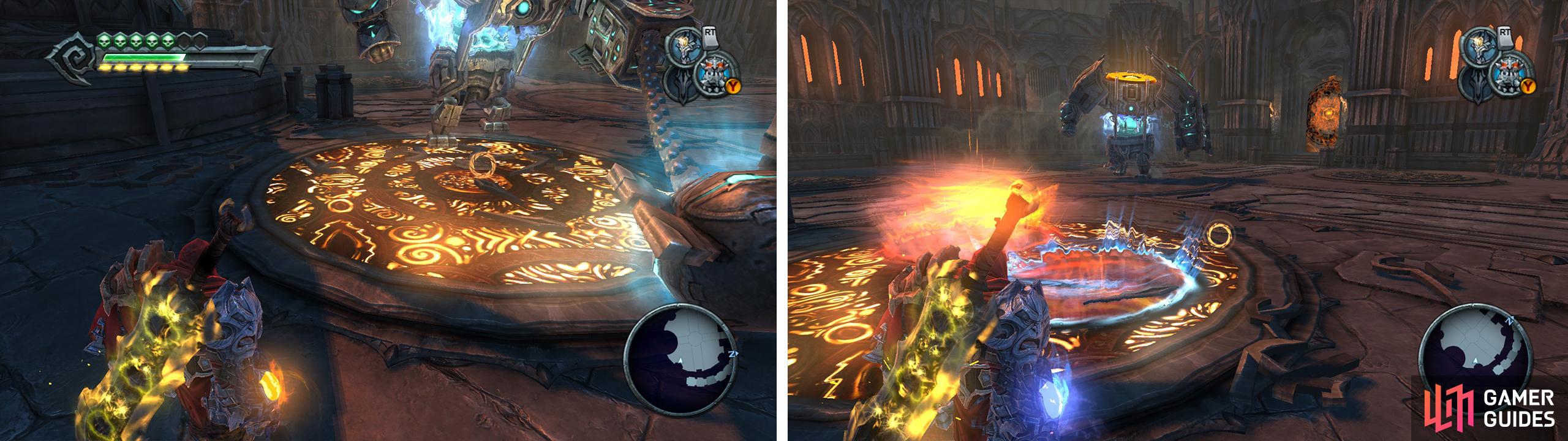 Have the boss destroy the grates covering the portal pads (left) and then use them (right) to launch yourself up to the bosss head again.