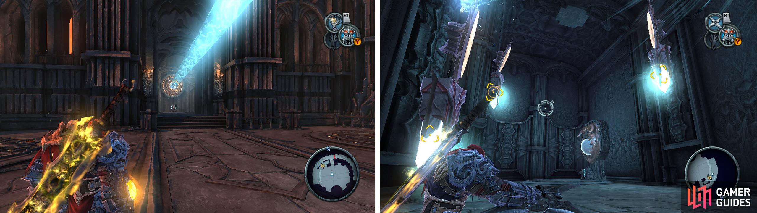 Well need to re-direct the beam again (left). When you reach the room with the crystals, hit all three with your cross-blade (right) to progress.