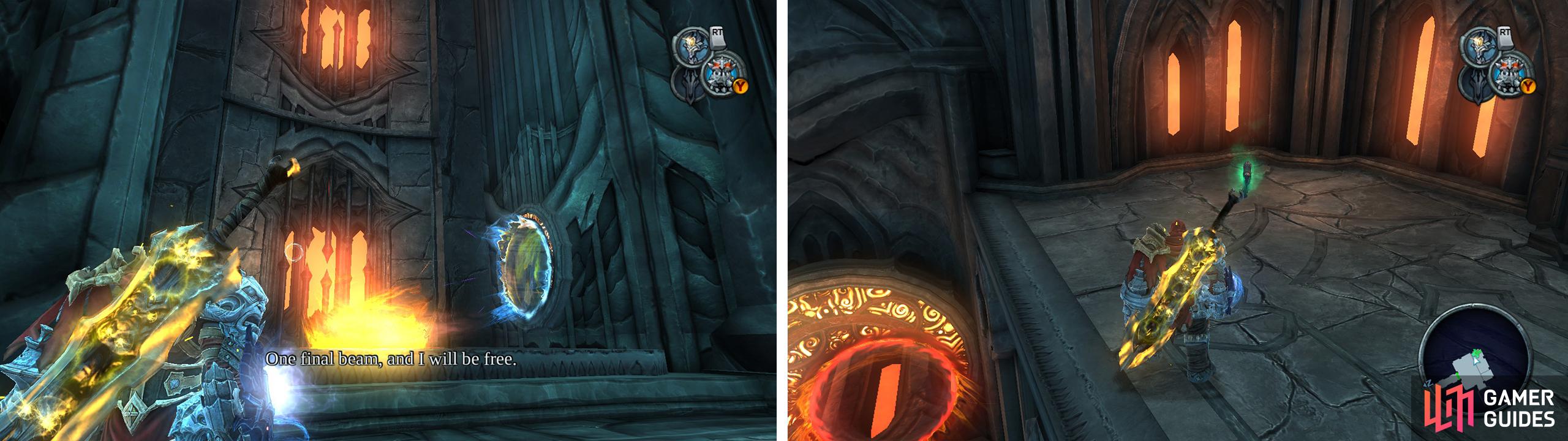 Use the portals as such (left) to reach the higher platforms. Once through the first door, use the portals to reach an Artefact (right).