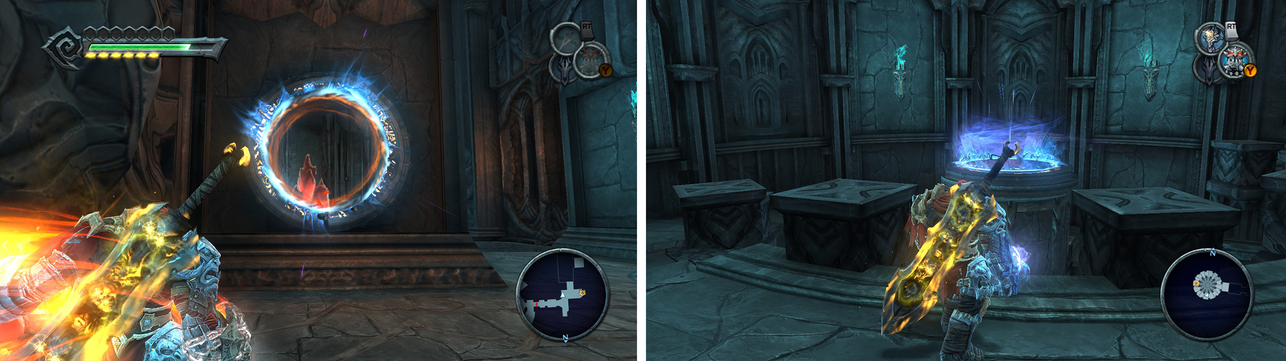 Destroy the red crystals on the initial platform via the portal (right). Return and place a portal on top of the pillar (right).