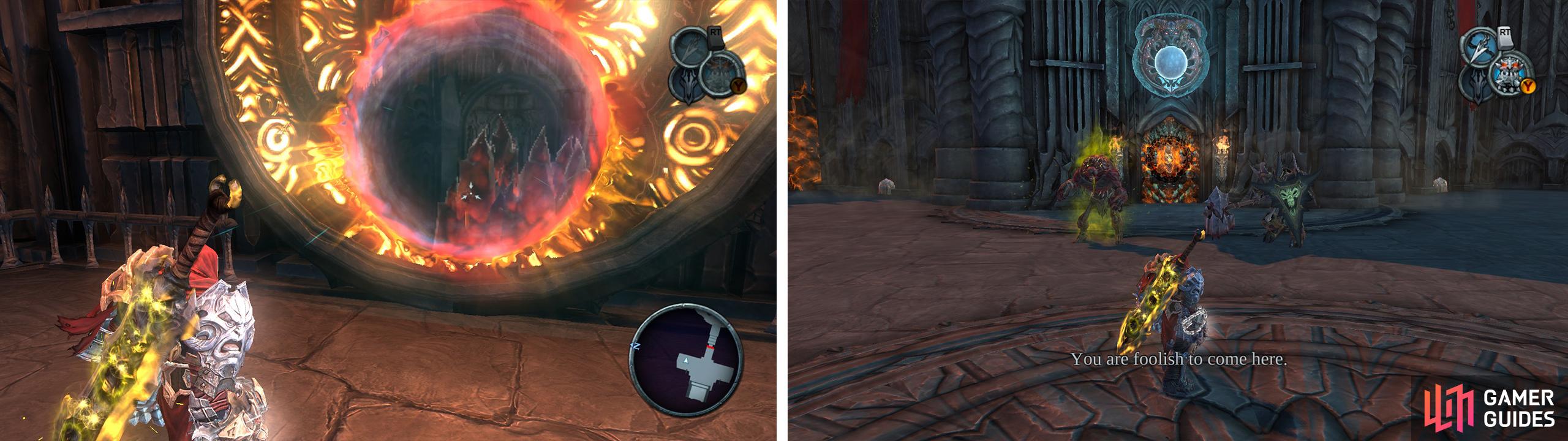 Destroy the red crystals through the portal (left) and then kill the enemies waiting on the far side (right).