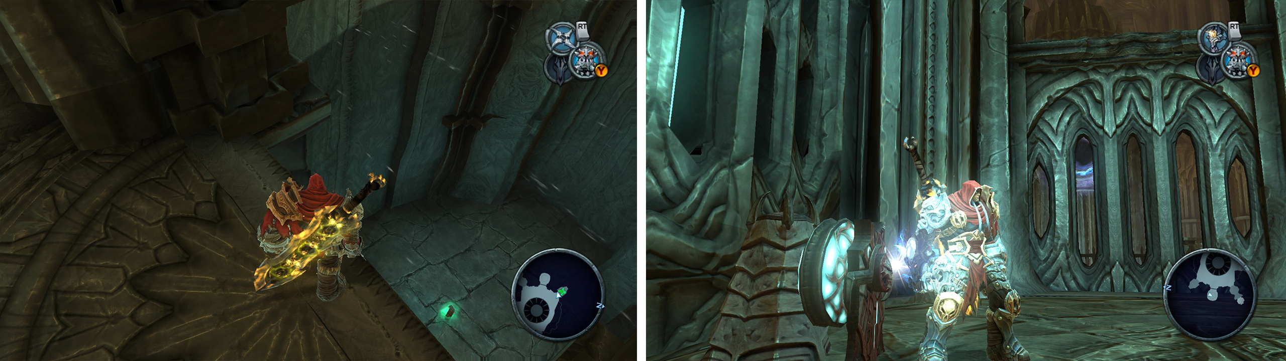 Look in the pool of water for an Artefact (left). use the portal in the centre of the room to jump the fence (right).