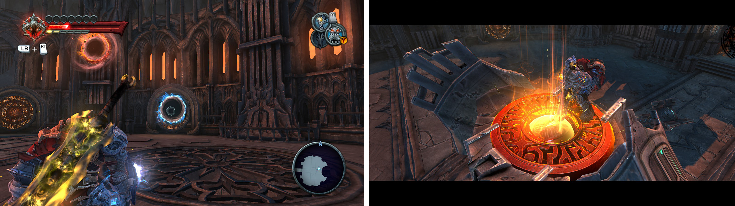 Use the portals as such (left) to drop down on the bosss head (right).