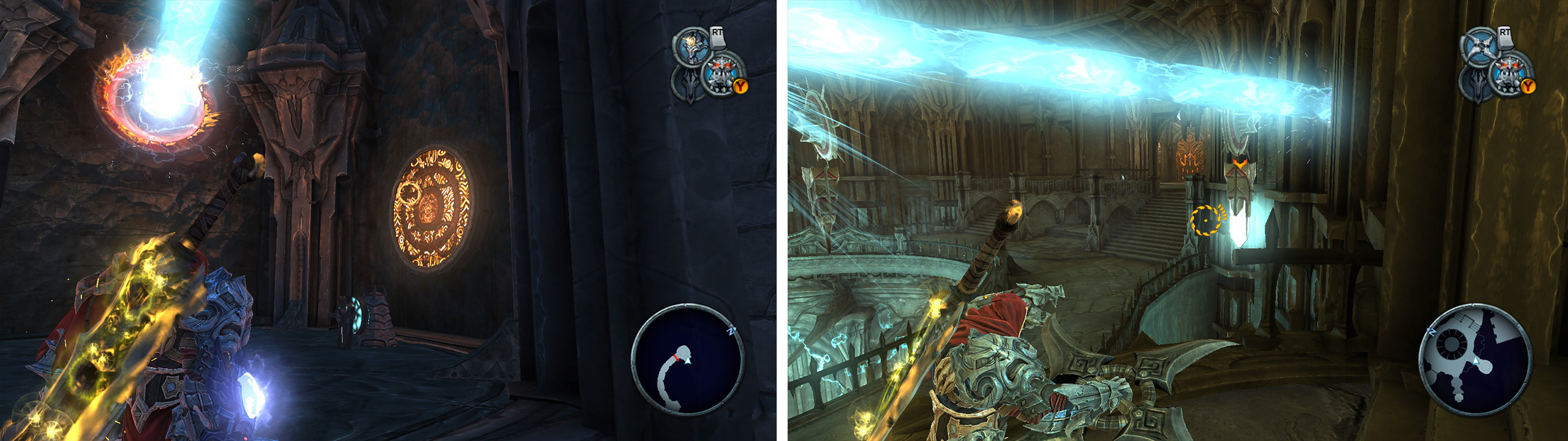 Re-direct the beam through the portal (left). Hit the crystal (right) to reflect the beam as necessary.