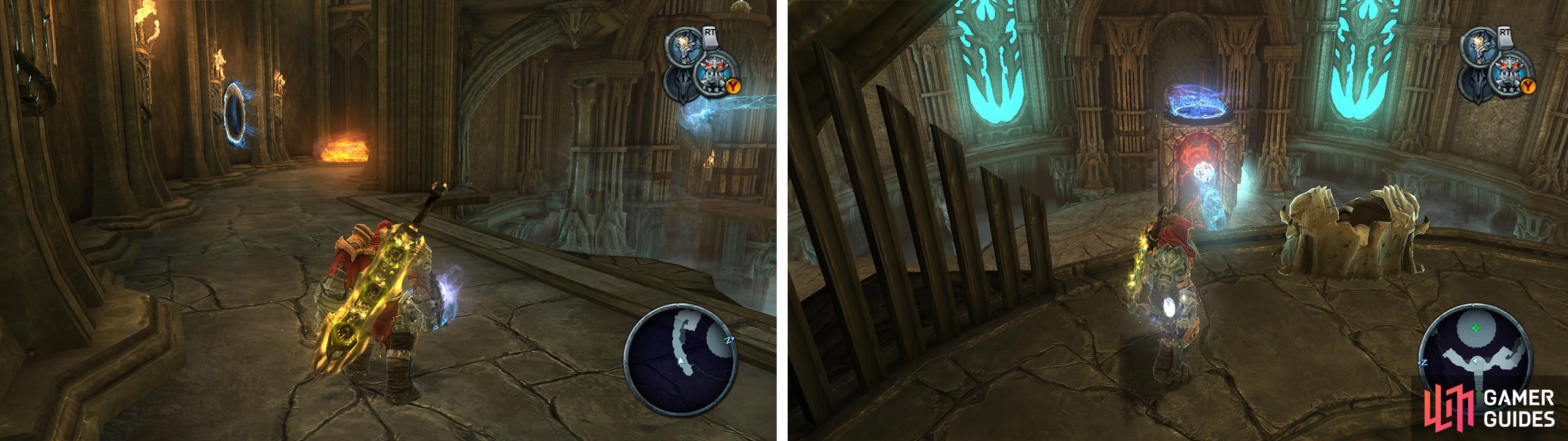 Use the portals (left) to access a balcony area. From here, shoot a charged portal on top of the central block (right) to reach an Artefact above.