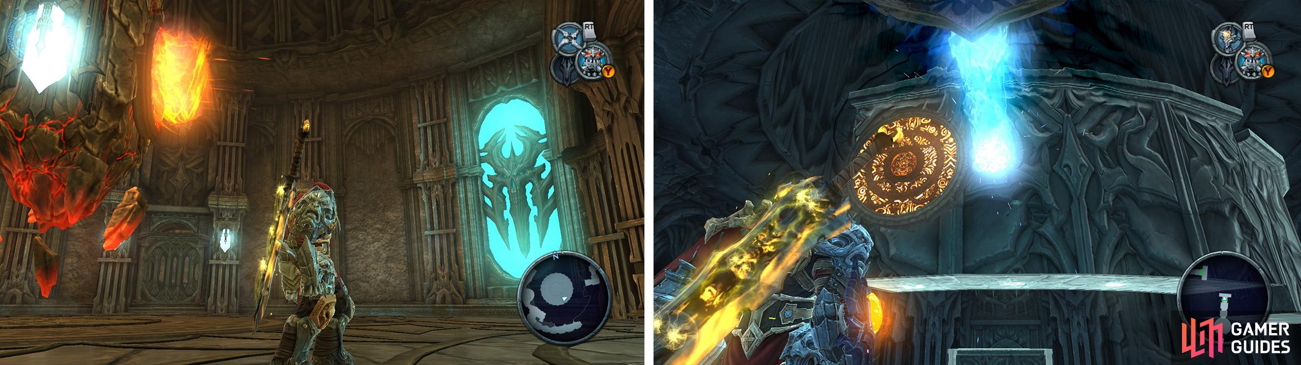 After hitting the chronosphere, hit the crystal on the hanging platform and the two crystals by the door (left). Back in Azraels chamber, put a portal on the pad that passes by (right).