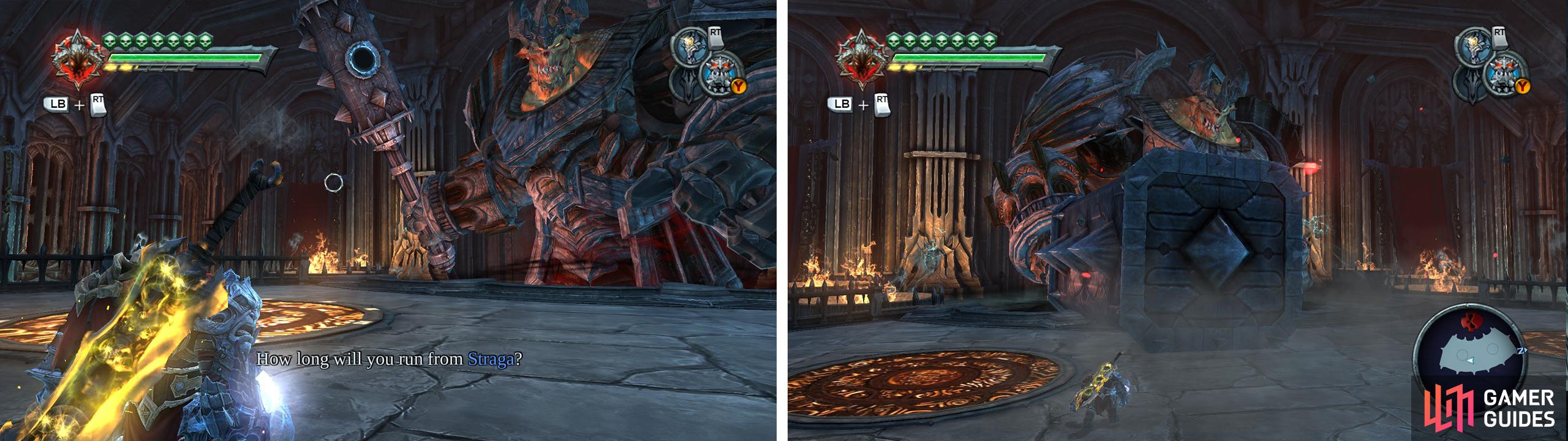 Place a portal on Stragas hammer (left) and use the portal pad on the floor to teleport up to his weak spot. Avoid all of his other attacks by dashing or double jumping (right).